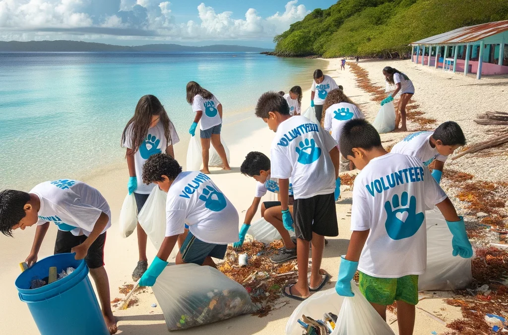 roup of kids engaged in litter removal on a pristine Roatan beach, showcasing community involvement