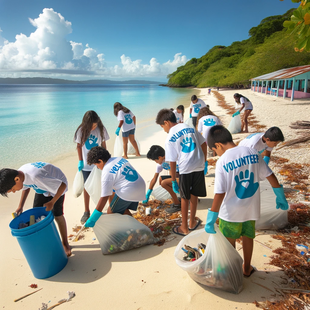 roup of kids engaged in litter removal on a pristine Roatan beach, showcasing community involvement