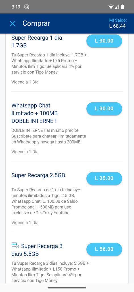 "Screenshot of Mi Tigo mobile app displaying various internet packages with prices in Honduran Lempira