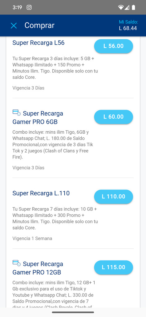 Screenshot showing three-day internet package options available on Tigo Honduras' network